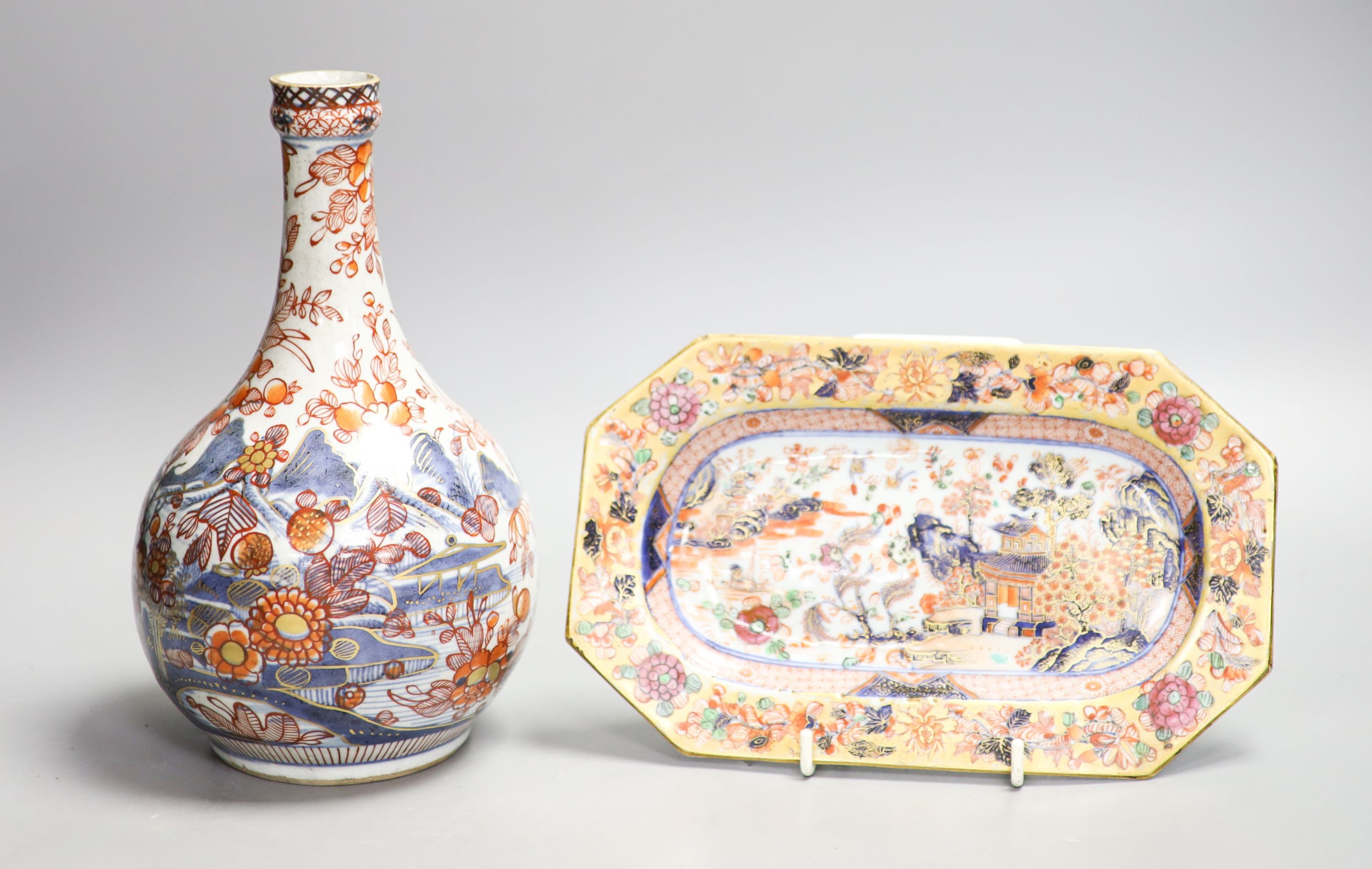 A Chinese clobbered blue and white bottle and a similar canted rectangular dish, 18th/19th century